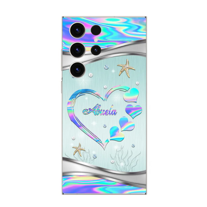 Sparkling Hologram Turquoise Heart Grandma Auntie Mom Kids Personalized Glass Samsung Phone Case