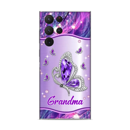 Sparkling Purple Violet Butterfly Grandma- Mom With Little Kids Personalized Glass Samsung Phone Case