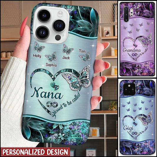 Grandma- Mom Heart Butterfly Kids Personalized Glass Phone Case