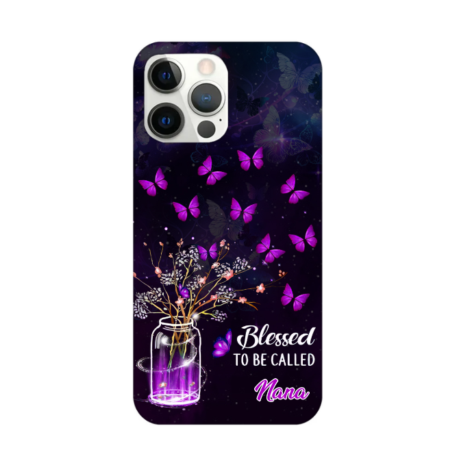 Blessed to be called Grandma Vase of Flower with Purple Butterflies Custom iPhone Case