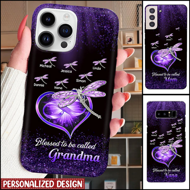 Glittery Dragonfly Nana- Mom Heart Infinity, Blessed To Be Called Grandma Personalized Glass iPhone Case