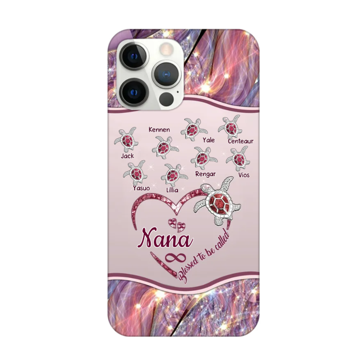 Personalized Blessed To Be Called Nana Mom Heart Turtle Glass Phone Case