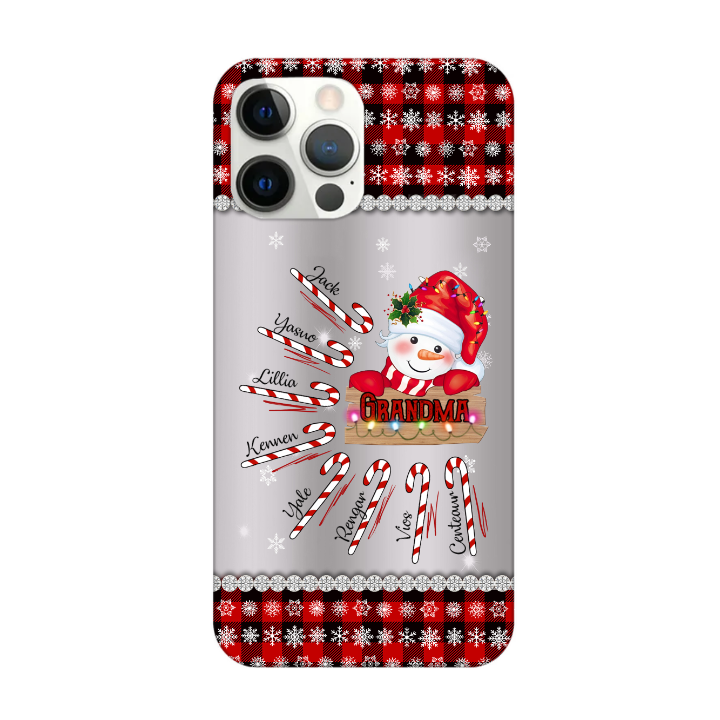 Personalized Grandma Mom Snowman Kids Candy Cane Christmas Best Gift Glass Phone Case