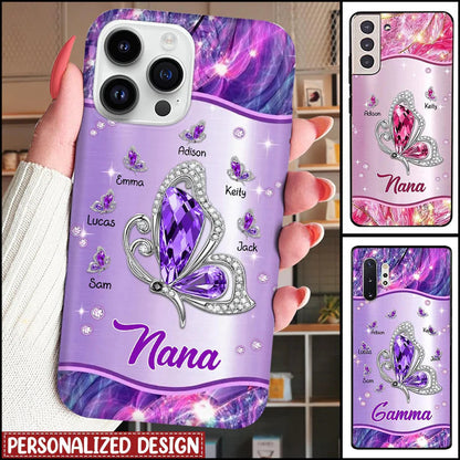 Sparkling Purple Violet Butterfly Grandma- Mom With Little Kids Personalized Glass Samsung Phone Case