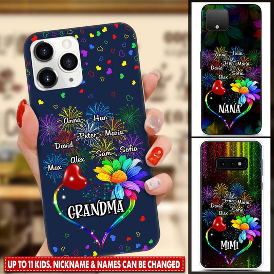 Personalized Grandma Heart Rainbow Flower with Firework Kids iPhone Case