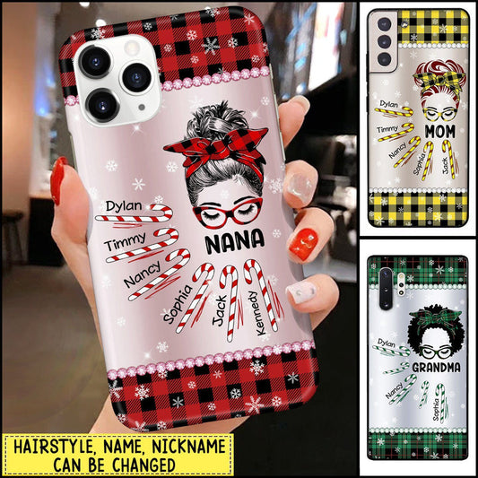 Personalized Christmas Messy Bun Grandma Nana Mom Candy Glass Phone Case