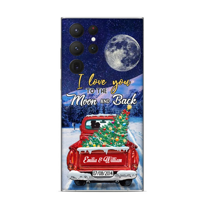 Personalized Couple I love you to the moon and back Christmas Truck on Snow Phone Case
