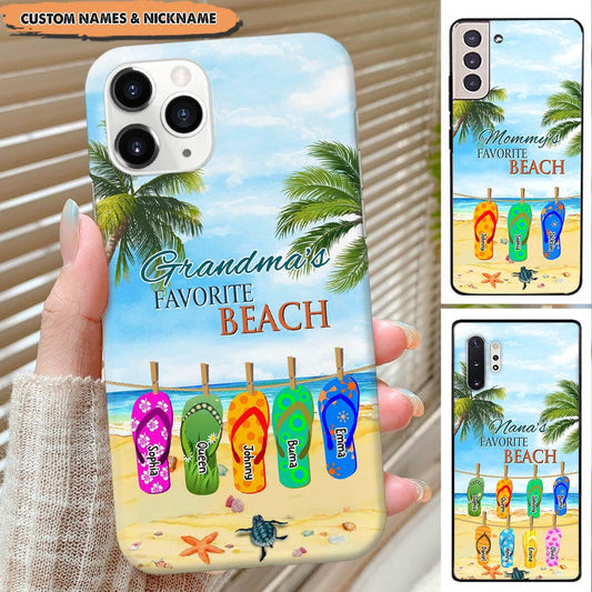 Grandma's Favorite Beach Cute Summer Flipflop Grandkids Personalized iPhone Case Perfect Gift for Grandmas Moms Aunties
