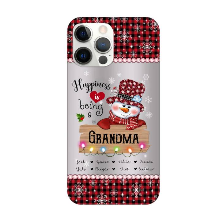 Customized Grandma Snowman Christmas Plaid Pattern Gift Glass Phone Case