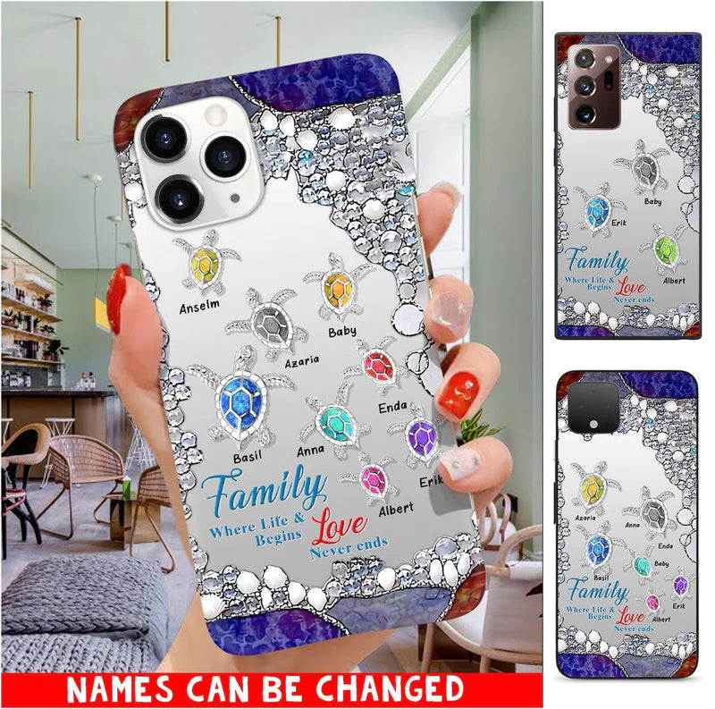 Personalized Family Where Life & Begins Love Never Ends Turtle Glass Phone Case