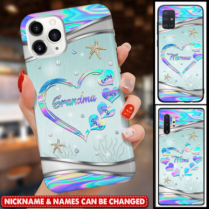 Sparkling Hologram Turquoise Heart Grandma Auntie Mom Kids Personalized Glass Samsung Phone Case