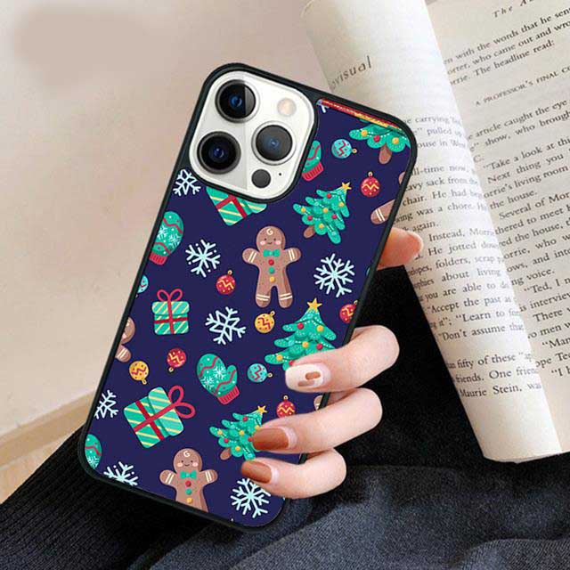 Gingerbread Man Gloves Christmas Tree Gift Snowflake On Blue Background Phone Case
