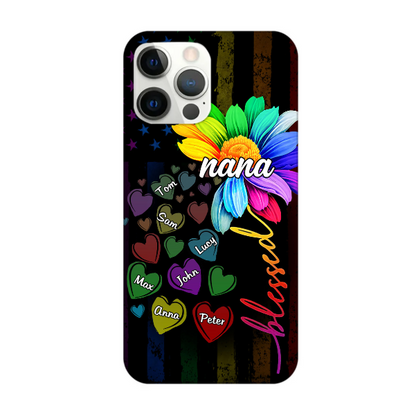 Personalized Blessed Nana, Grandma With Grandkids Rainbow Flower Custom iPhone Case