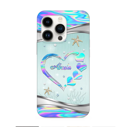 Sparkling Hologram Turquoise Heart Grandma Auntie Mom Kids Personalized Glass iPhone Case