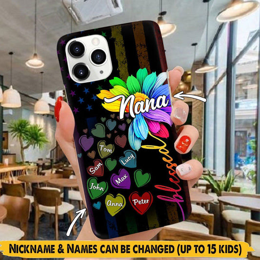 Personalized Blessed Nana, Grandma With Grandkids Rainbow Flower Custom iPhone Case