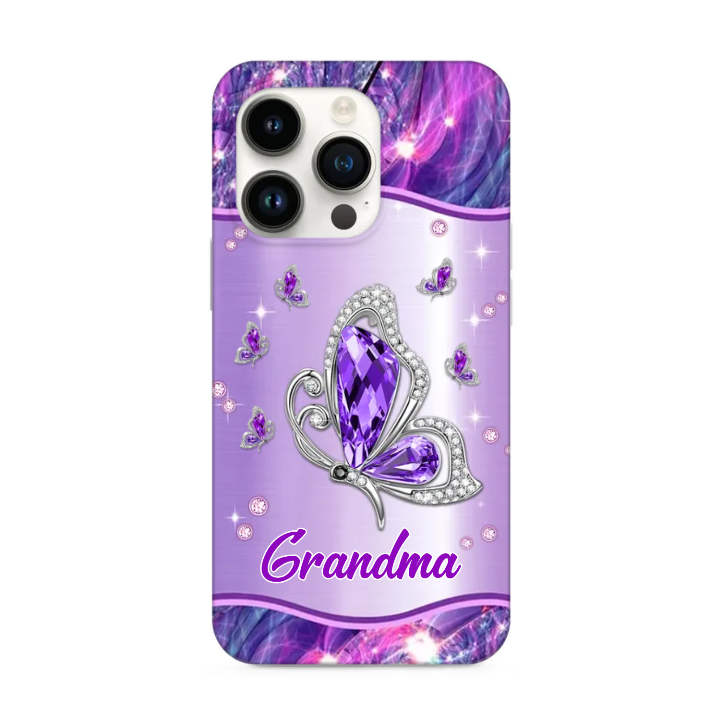 Sparkling Purple Violet Butterfly Grandma- Mom With Little Kids Personalized Glass iPhone Case