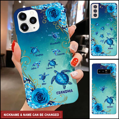 Grandma Mom Turtle Custom Names Mother's Day Gift Flower Galaxy Background Glass iPhone Case