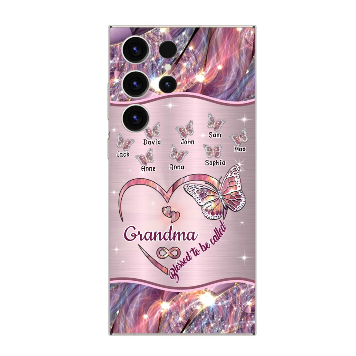 Sparkling Grandma- Mom Heart Butterfly Kids Personalized Glass Phone Case